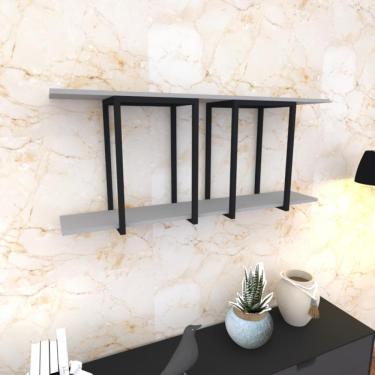 Imagem de Prateleira Industrial Suspensa Estante Parede Nicho Cinza Ferro E Madeira Suporte Pratileira