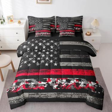Imagem de jejeloiu Conjunto de edredom infantil casal de camuflagem vermelha com bandeira americana, 7 peças, para decoração de quarto de meninos, meninas, adolescentes, estilo camuflado, vintage, estilo