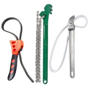 Imagem de DEKELIY Conjunto de 3 chaves para remoção de filtro de óleo e encanamento - Chave de alça de nylon de alumínio de 30,5 cm, corrente de 40,6 cm e chave de correia multiuso de 15 cm - antiderrapante