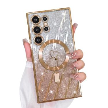 Imagem de Bonoma Capa com glitter para Samsung Galaxy S24 Ultra [compatível com MagSafe], capa brilhante com estampa de folhas magnéticas de coração, proteção para câmera, capa traseira macia e brilhante para