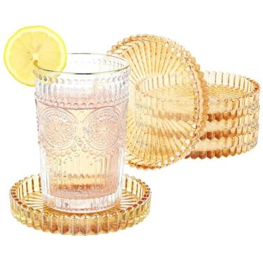 Imagem de Pacote com 5 porta-copos de vidro transparente para bebidas, porta-copos de cristal redondo com borda de contas, decoração de mesa de centro para mesa de jantar de restaurante, bar, cozinha (âmbar)