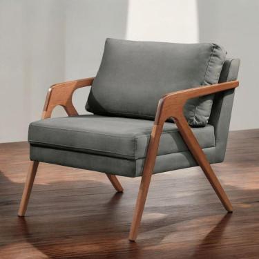 Imagem de Poltrona Mona Linho Cinza Sofisticado Sala Pé Madeira Maciça