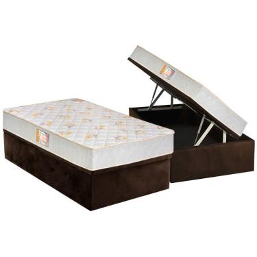 Imagem de Cama Box Baú Solteiro: Colchão Espuma Castor D28 Sleep Max Duplo + Base Crc Suede Marrom(88x188)