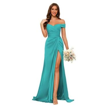 Imagem de Vestido de dama de honra Dessiny Mermaid Satin Aqua Blue US14