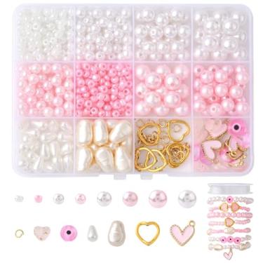 Imagem de MakemadeDIY 484 peças + kit de fabricação de pulseiras rosa, contas sortidas de imitação de pérolas de vidro acrílico com pingentes esmaltados, anéis de salto para colares, brincos, chaveiros e