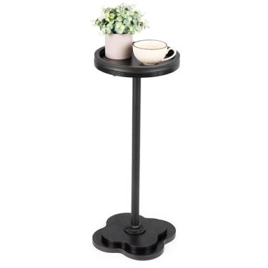 Imagem de Frantdrw Mesa lateral de pedestal com detalhes modernos para espaços pequenos – mesa de canto com pé de metal sólido e base de trevo pesado para sala de estar, sofá, quarto e escritório (preto)