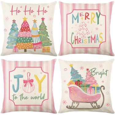 Imagem de Conjunto de 4 capas de travesseiro rosa de Natal 45,7 x 45,7 cm, árvores de Natal pastel, feliz e brilhante, listradas, para decoração de casa de fazenda, decorações de Natal Candyland