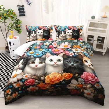 Imagem de AILONEN Conjunto de cama de gato fofo de desenho animado, flores coloridas, conjunto de edredom com tema de animais kawaii, tamanho casal, 1 colcha com 2 fronhas, microfibra macia