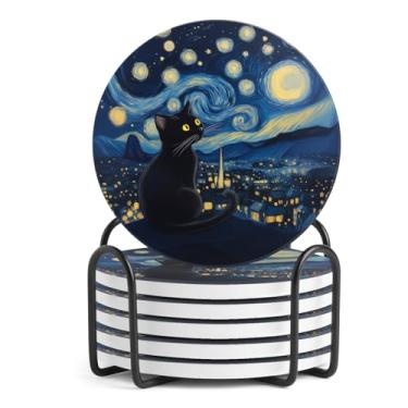 Imagem de 6 peças de porta-copos de cerâmica com suporte, porta-copos de bebida absorvente, porta-copos de xícara de café, conjunto de porta-copos redondos de cerâmica gato preto decorativo