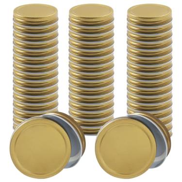 Imagem de BokWin Pacote com 50 tampas de pote de conserva de boca regular, tampas de metal reutilizáveis em ouro (7 cm), tampas de vidro com vedação segura à prova de vazamento para armazenamento de alimentos e