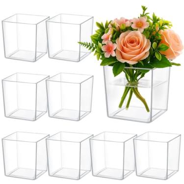 Imagem de 8 peças de vasos quadrados transparentes, vasos de flores de acrílico de 12 cm, recipientes de centro de cubo de plástico, vasos a granel para decoração de mesa de casamento, exibição floral de