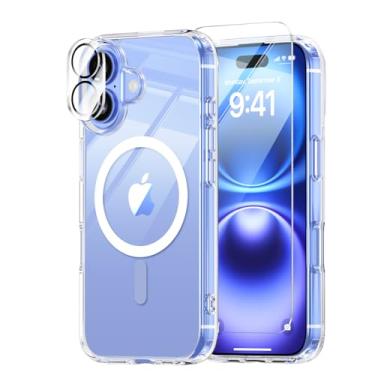 Imagem de Saiuxiu Capa para iPhone 16, compatível com MagSafe, capa fina magnética, antiamarelamento e à prova de choque, proteção total da câmera, inclui protetores de tela e lente, capa protetora transparente