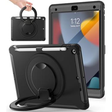 Imagem de BATYUE Capa para iPad 9ª/8ª/7ª geração (capa para iPad 10.2 2021/2020/2019) com protetor de tela, capa robusta com suporte giratório/suporte para lápis/tampa de lápis (preto)