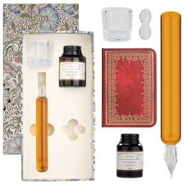 Imagem de GC QUILL Conjunto de canetas de imersão de vidro, caneta de caligrafia, uma caneta de cristal de agachamento para arte, escrita, assinaturas - decoração e presente de negócios (amarelo)