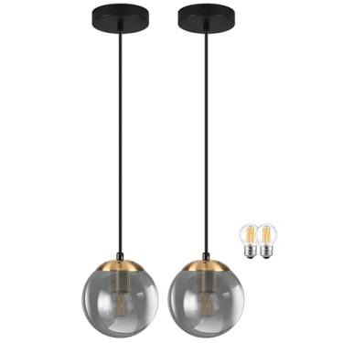 Imagem de KoKo&Yukina Globo de 15 cm Globo de Luz Pendente Globo Dourado Luminária de Cozinha Ilha de Meados do Século com Sombra de Vidro Cinza para Sala de Jantar (pacote com 2)