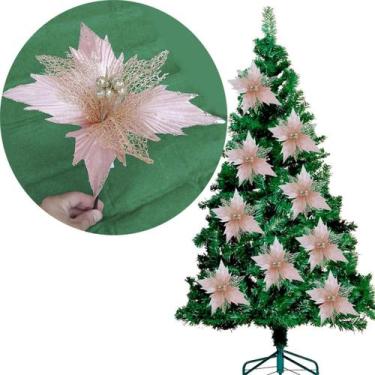 Imagem de Flores Árvore De Natal Rosa Com Gliter Dourado 23cm Kit 12pç - Genéric