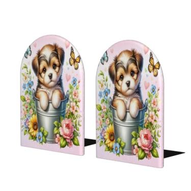 Imagem de Suportes de livros decorativos de madeira para cães com flores fofas e antiderrapantes e resistentes para escritório, escritório, biblioteca, escola, estudo, decoração, divisórias, 1 par