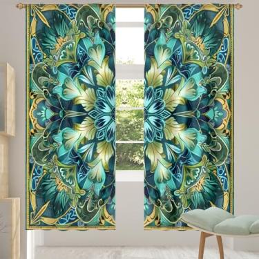Imagem de 2 conjuntos de painéis mandala verde retrô cortinas transparentes arejadas com filtro leve painéis de cortina leve cortina de porta janela para sala de estar, quarto, jantar, 84 polegadas de