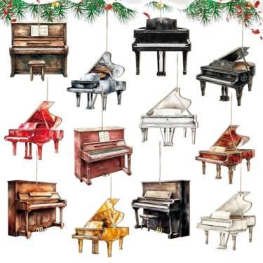 Imagem de Pinkunn 36 peças de enfeites de Natal, piano de cauda, decoração preta, ornamento de instrumento musical musical marrom, decoração para pendurar piano vertical para árvore de Natal (estilo aquarela)