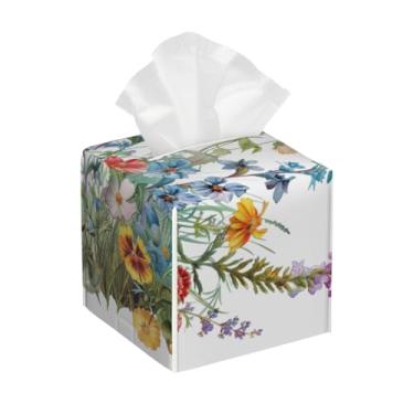 Imagem de Porta-lenços de papel quadrado de couro à prova d'água, cor simples, floral, organizador de papel facial com cinto inferior, estojo de lenços para mesa, banheiro, escritório, mesa, carro, decorativo