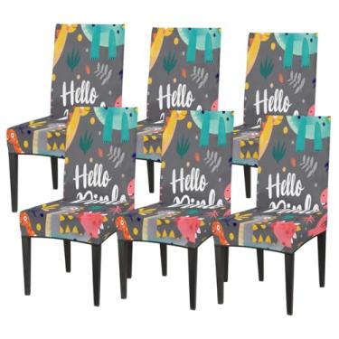 Imagem de hongjinglin Conjunto de 6 capas elásticas para cadeira de sala de jantar, capa protetora de assento de cadeira, dinossauro, palavras fofas, removíveis, laváveis, para cozinha, casa, hotel, banquete