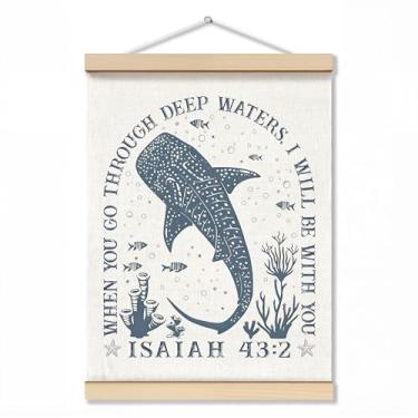 Imagem de ZNGFON Decoração de parede cristã de tubarão-baleia na moda 30,5 x 40,6 cm, When You Go Through Deep Waters I Will Be With You Isaías 43:2, pôster de arte de parede com moldura de madeira, verso azul