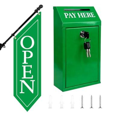 Imagem de Caixa de dinheiro de metal com chave SAFELocking – Cofre de coleção de dinheiro de 25,9 x 14,5 x 7,1 cm para suporte de fazenda ou varejo – Kit de bandeira aberta com mastro e suporte, placa aberta de