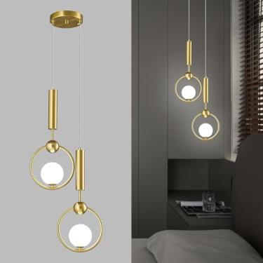Imagem de Luminária pendente moderna esférica de vidro, estilo lustre simples dourado, com altura ajustável, ideal para cabeceira, ilha de cozinha, sala de jantar, quarto, hall de entrada e corredor (