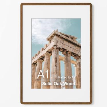 Imagem de FLYJOE Moldura para pôster A1 | Moldura para pôster de madeira de carvalho maciça | Moldura com tapete para A2 | Vidro temperado e ferragens para pendurar incluídas | Moldura A1 (nogueira, 1 pacote)