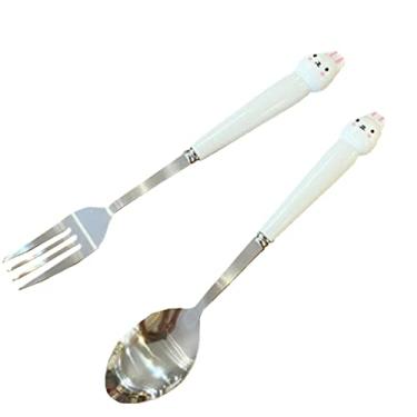 Imagem de Conjunto de louça de coelho fofo, cabo de cerâmica, aço inoxidável, garfo de sobremesa, animal, colher de café, colher de sorvete (coelho branco)