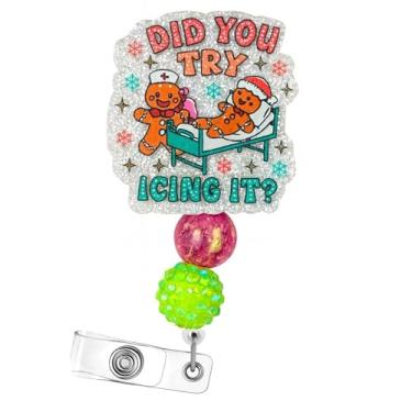 Imagem de Did You Try Icing It Carretel de crachá com contas fofo divertido Natal Natal homem de gengibre suporte de nome de identificação médica clipe de jacaré retrátil acessórios de trabalho presentes para