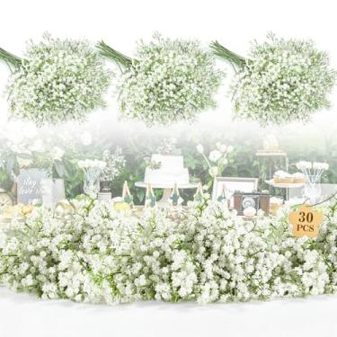 Imagem de MAQIAHN 30 flores artificiais para bebês respiração – flores artificiais em massa falsas buquê de flores brancas verde toque real arranjos de flores falsas casamento decorações de mesas
