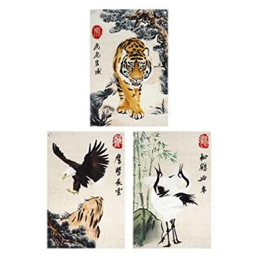 Imagem de CosplayStudio Pacote de pintura de arte de parede em tela suspensa com 3 pinturas tradicionais chinesas | Tapeçaria de pintura a tinta para pendurar na parede para sala de aula, escritório em casa com