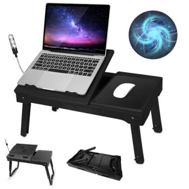 Imagem de Mesa dobrável para laptop com ventilador de resfriamento, luz LED, 4 portas USB, mouse pad e ranhura de armazenamento para uso em escritório doméstico