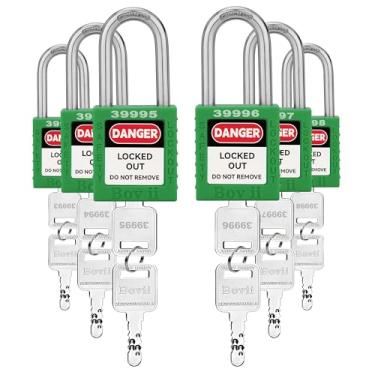 Imagem de Boviisky Conjunto de cadeado de segurança, fechaduras de etiquetagem de bloqueio com 2 chaves, 6 peças de travas diferentes com chave, para bloquear estações e dispositivos, verde