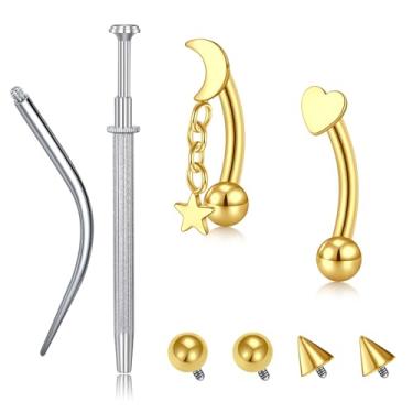 Imagem de VCMART Brincos de torre de ouro pendurados 16G lua estrela coração rosca interna sobrancelha torre anel de aço inoxidável piercing joia