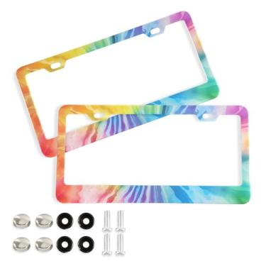 Imagem de CEBUGI Pacote com 2 molduras de placa de carro de alumínio capas de moldura de placa de carro com 2 furos coloridos tie-dye acessórios automotivos para placas dianteiras e traseiras orifício elíptico