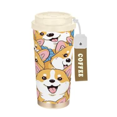 Imagem de YETTASBIN Caneca de café de viagem com isolamento térmico Corgi Dog 482 g com tampa canudo, copo à prova de derramamento e vazamento com alça para bebida quente e fria, garrafa de água de aço