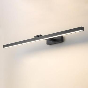 Imagem de Luminária de parede linear minimalista com espelho frontal ajustável para banheiro, em alumínio, estilo faixa longa, ideal para lavabo, com espelho giratório para cima e para baixo (preta, g