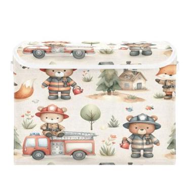 Imagem de WELLDAY Caixa de armazenamento de urso de bombeiro fofo com tampas, bancos maiores dobráveis de armazenamento de tecido com alças para sala de estar, sala de jogos, quarto, berçário 40 x 32 x 30 cm