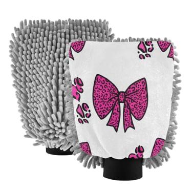 Imagem de STAYTOP Luvas de lavagem de carro com laço rosa leopardo, 2 peças, luvas de microfibra de chenille, sem arranhões, panos de esponja de lavagem ultra absorventes para carros, limpeza doméstica - M