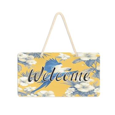 Imagem de Burbuja Placa de boas-vindas de papagaio de arara azul tropical para porta da frente, placa de boas-vindas de PVC para decoração de férias, 15 x 28 cm