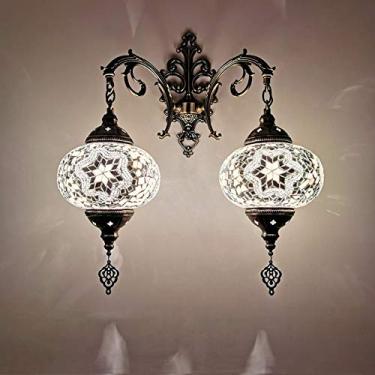 Imagem de Luminária de parede turca com 2 lâmpadas, estilo marroquino com mosaico, arandela boêmia tradicional para cabeceira, ideal para sala de estar, quarto, corredor, varanda, café ou bar.