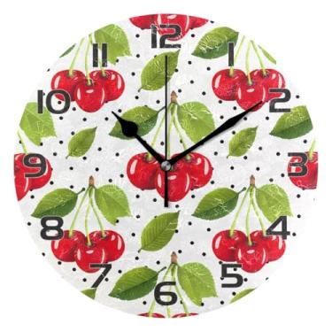 Imagem de YETTASBIN Relógio de parede Cherries, silencioso, sem tique-taque, operado por bateria, relógio redondo decorativo criativo para cozinha, sala de estar, banheiro, decoração de escritório em casa