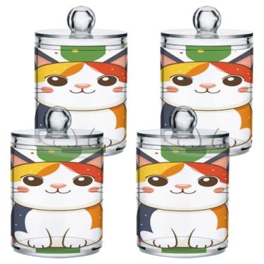 Imagem de STAYTOP 2 frascos de boticário de gato fofo de desenho animado Qtip para banheiro com etiquetas - recipiente de armazenamento Qtip de plástico transparente para bola de algodão, cotonete, grão de café