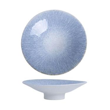Imagem de Fruteira Tigela de servir com pedestal e padrão ondulado, em cerâmica, para frutas e petiscos, utensílio de mesa decorativo para cozinha e sala de jantar. Decoração de mesa(Blue)
