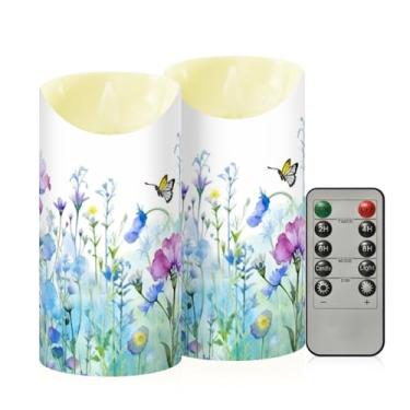 Imagem de Wassud Pacote com 2 campos de flores em aquarela (2) velas sem chama com controle remoto, velas realistas cintilantes com temporizador, velas decorativas para Natal, casamento, festa, decoração de