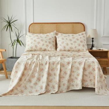 Imagem de FADFAY Jogo de cama King – 4 peças de lençol floral, algodão macio e respirável, inclui 1 lençol com elástico, 1 lençol de cima e 2 fronhas (creme)