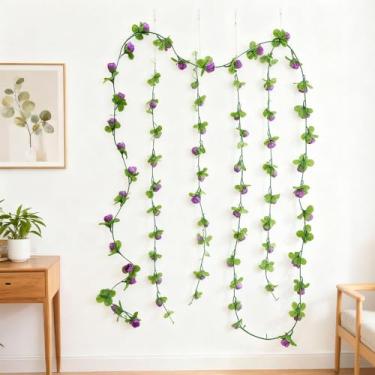 Imagem de 33 cabeças flores rosas artificiais folhas de planta verde videira DIY enfeites de decoração de arco de jardim para casa, jardim, 230 cm (1 peça, roxo)