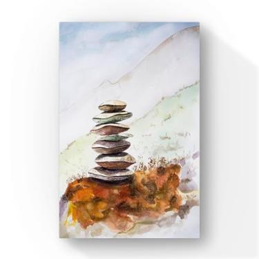 Imagem de Quadro Decorativo em Aquarela, Arte Zen com Pedras Empilhadas, Pintura Abstrata em Tons Terrosos, 60x40 cm